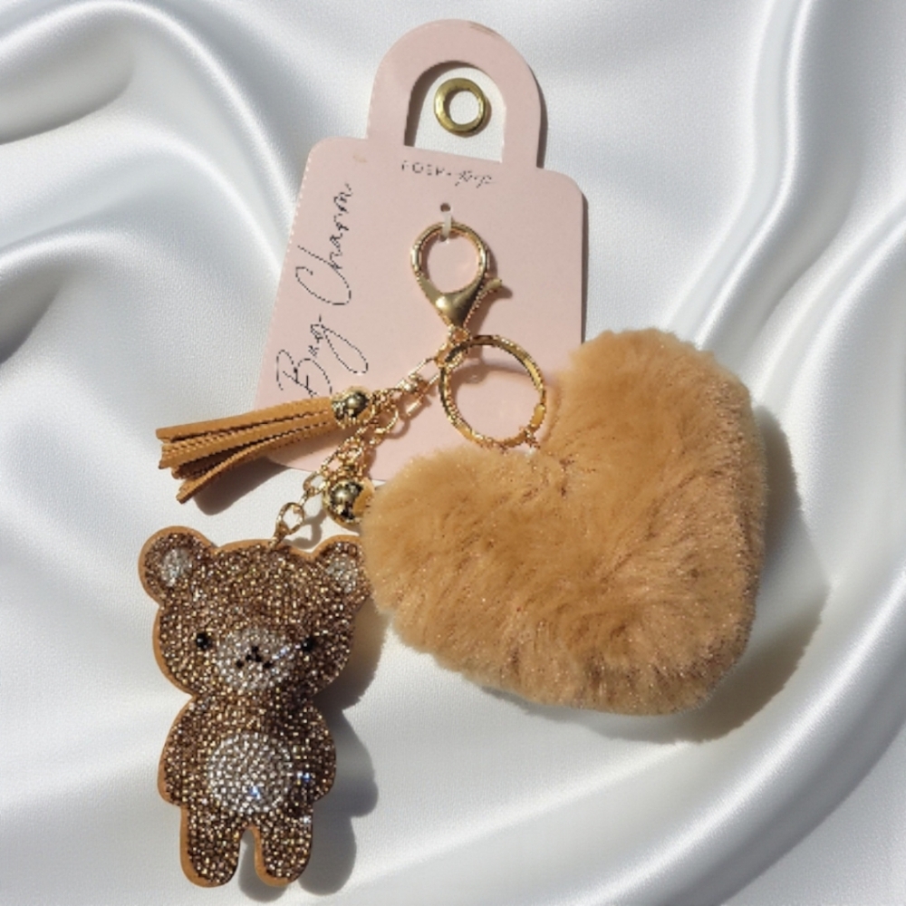 NWT Girls Posh Pop Heart Pom Rhinestone Bear Keychain Purse Charm Gold Tassel